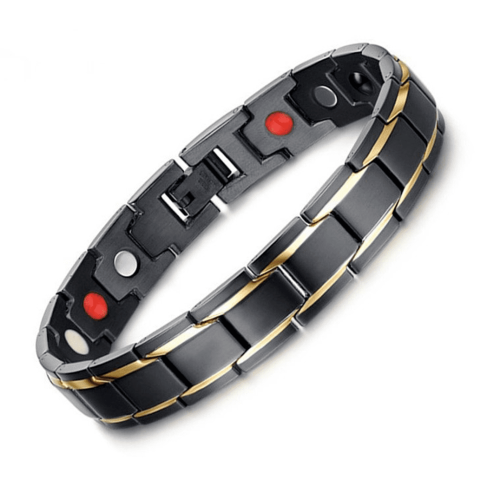 Pulsera De Magnetoterapia Negra Mate Con Bisel Dorado Pulido