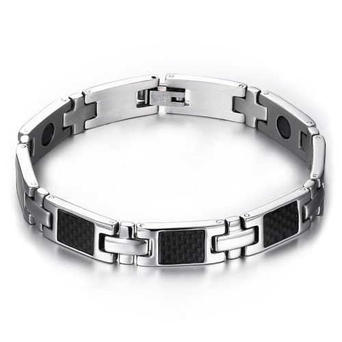Pulsera De Magnetoterapia Color Plata Con Detalles De Carbono Color Negro