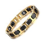 Pulsera De Magnetoterapia De Ceramica Negra Con Acero Dorado