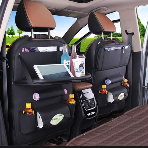 Organizador con bandeja para asiento de vehiculo en color negro